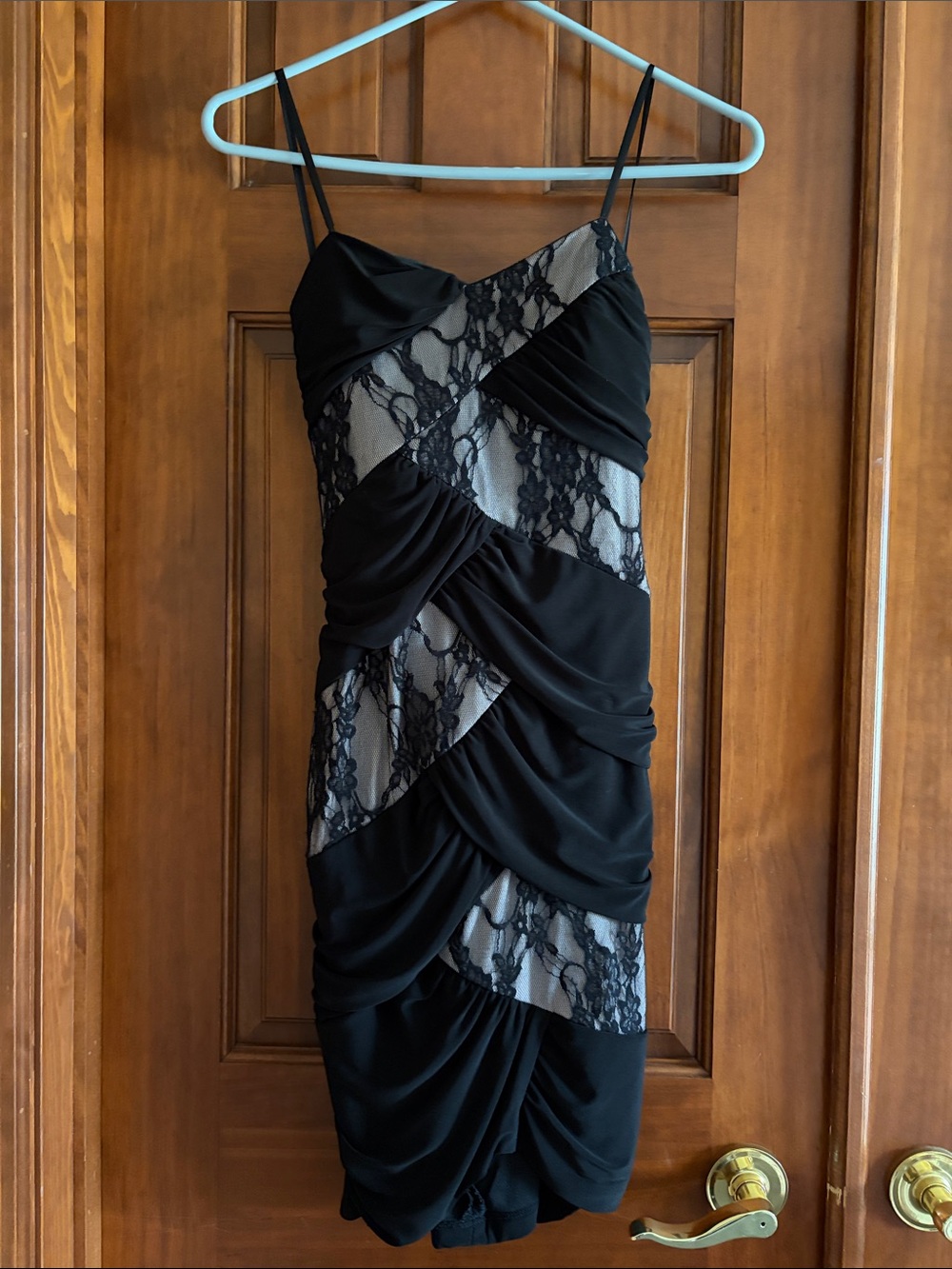 City Studio Black Lace Overlay Ruched Spaghetti Strap Dress